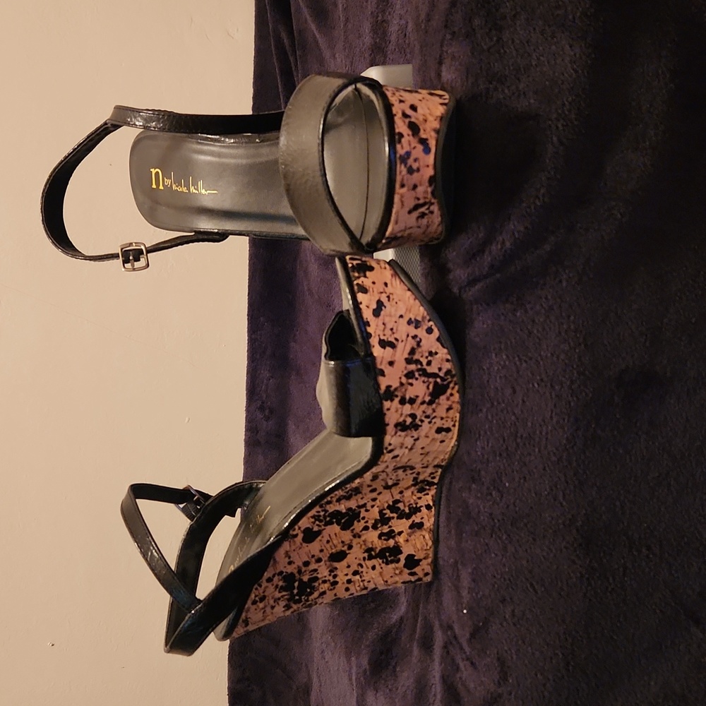 Sexy black and cork Wedge sandals. 7and half. Never worn. Made by Nicole Miller!
